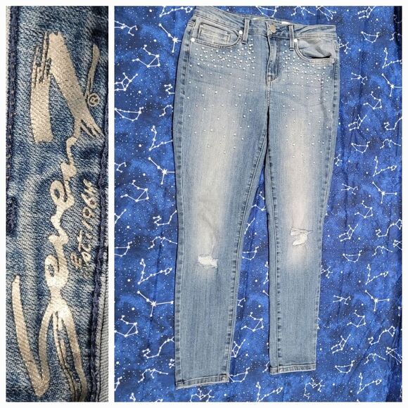 Seven7 size 4 pearl embellished distressed Denim Mid Rise Skinny Blue Jeans - Picture 5 of 12